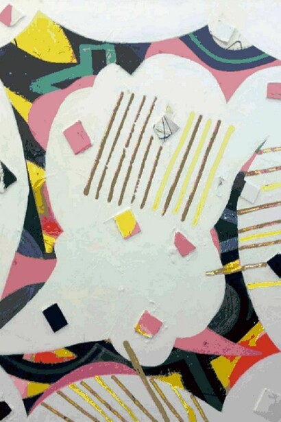 Patrick Brennan, Survivor Scam, 2013, acrylic, oil, foam core, silk, iridescent gel medium, and Mylar on canvas, 48h x 36w in.