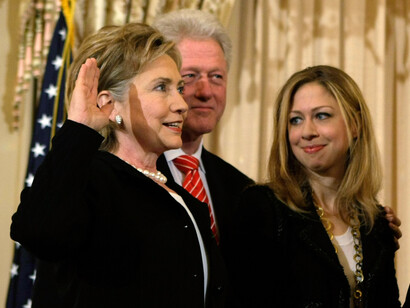 Hillary Clinton avec son mari Bill et sa fille Chelsea