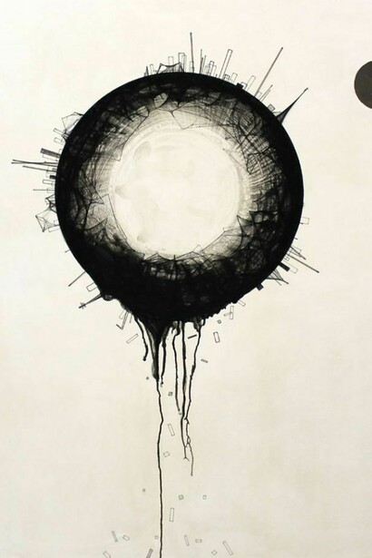 Daisuke Tsuchigahata, Boundary: The Earth and The Universe, 2013, Cotton, chalk, panty stockings, string, silver leaf, mineral pigment, 39.3” x 28.6”