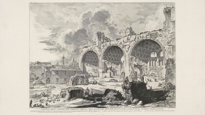 "Veduta degli avanzi del tablino della casa di Nerone" da questo edificio venne estratta la colonna che papa Paolo V fece portare in piazza Santa Maria Maggiore. Disegno a opera di Giovan Battista Piranesi, metà Settecento