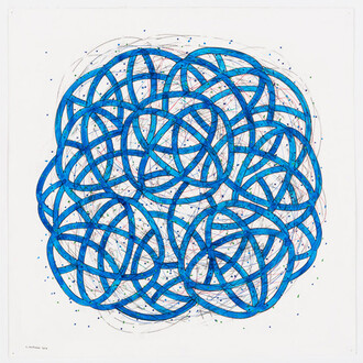 Morgan, Blue Train, 2018. Ink, graphite and colored pencil on paper, 12 x 12 in. Courtesy of the artist and Engage Projects