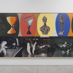David Salle, Fooling with your Hair, 1985, oil on canvas, 88 1/2 x 180 1/4 inches, 224.8 x 457.8 cm