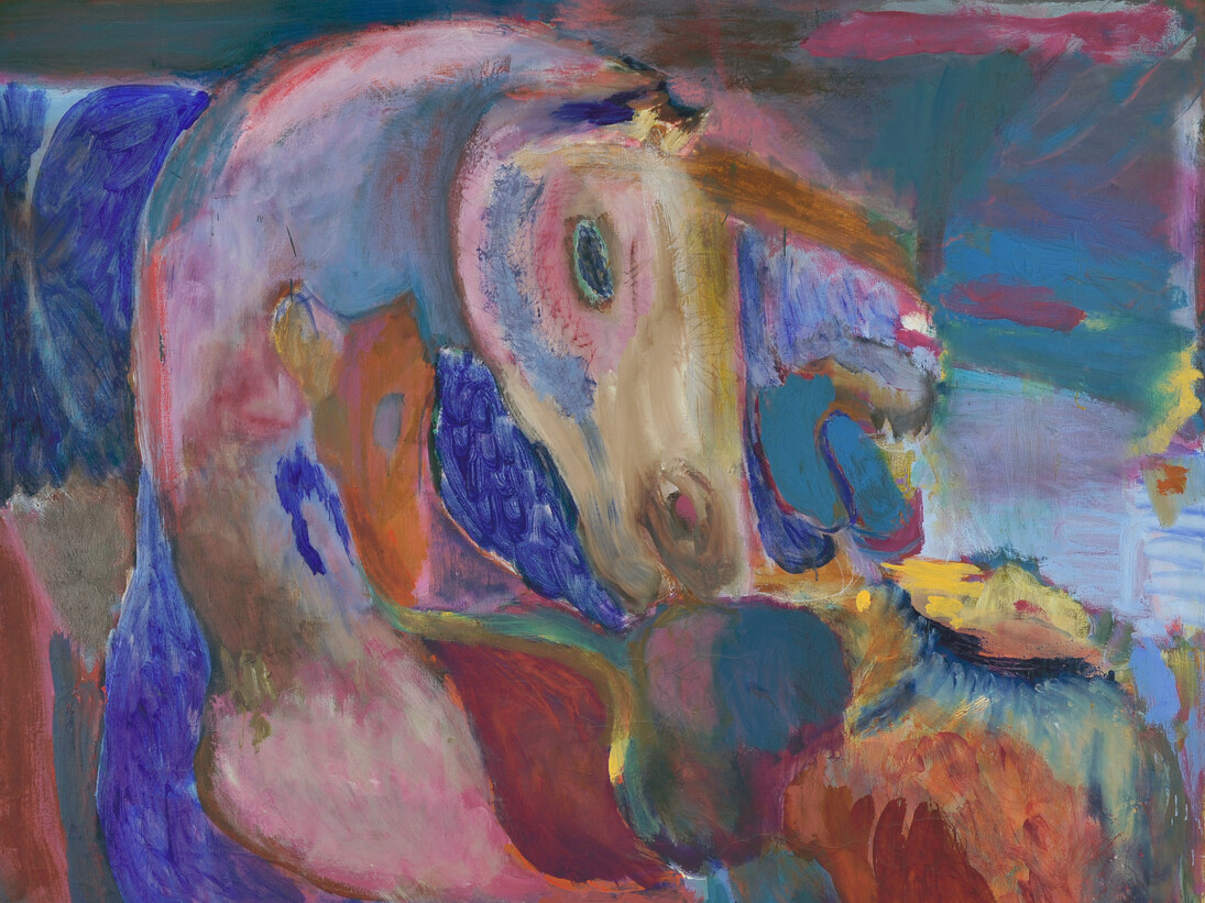 Carole Gibbons, White Horse in Landscape c.1987, oil on canvas, 56 x 56 in, 142 x 142 cm