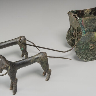 Anatolian
Wagon with Oxen
ca. 2000–1500 BC
Bronze
H. 6 5/16 in. (16.0 cm), L. 19 5/16 in. (49.0 cm), W. 4 3/4 in. (12.1 cm)
Sidney and Lois Eskenazi Museum of Art, Burton Y. Berry Collection