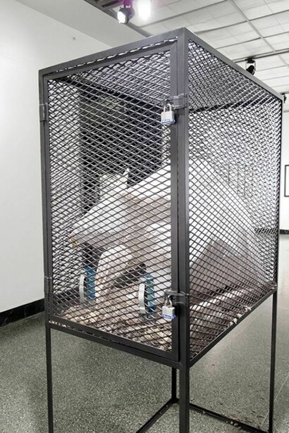 Aaron Bennett, When You Durst Do It, Steel, paint, ink, gesso, t-shirt, found object, food, water, rats