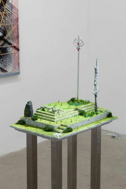 Veit Laurent Kurz and Julien Nguyen, Untitled, 2013, Styrofoam, modern materials, static grass, acrylic, plate glass, epoxy putty, wand, 33 x 48.3 cm, 13 x 19 ins, Courtesy Vilma Gold, London. Photo: Lewis Ronald
