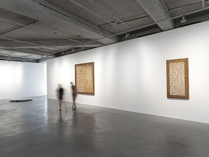 Five icons framed in edirne-style wooden ornamentation, exhibition view. Courtesy of Dirimart