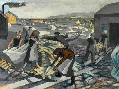Alan Sorrell, 45 Processing the Catch, Wharf Scene, Iceland, c.1935, pencil, ink and gouache on paper, 39 x 57 cm (15 & x 22 & in.), Courtesy of the Trustees of Sir John Soane's Museum