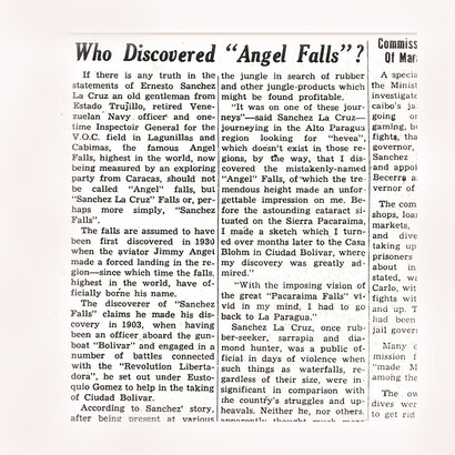 Detalles de la entrevista de 1949 de Ruth Robertson con Ernesto Sánchez La Cruz en la que describe la ruta que siguió hasta el Salto Pacaraima, en La Paragua, confundiéndolo con el Salto Ángel, en Auyantepui. «The Caracas Journal», mayo, 1949. Archivo Jorge M. González