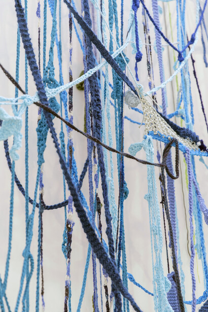 Sheila Pepe, Put Me Down Gently (detail), 2014. Parachute cord, laces, yarn and hardware. Installation view, Des Moines Art Center, Iowa. Collection of the artist. Photo by Rick Lozier Photography.
