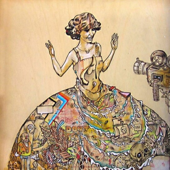 Eatcho, “Pose”, acrylic, ink, spray paint on wood panel, 18″ x 18″