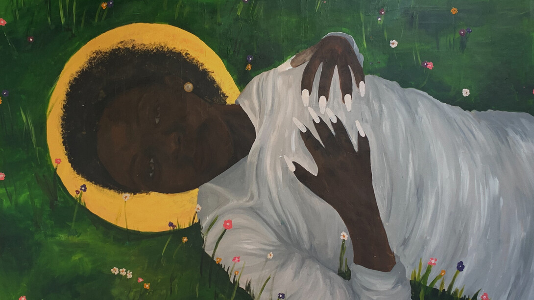 ‘Beauty poster for the modern day black woman’ by Muofhe Manavhela, 2021, Acrylic on canvas (150 x 120 cm), detail. 