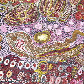Wingu Tingima, Minyma tjuta (Seven sisters) (detail), 2006. Courtesy of National Gallery of Victoria, Melbourne, Purchased with funds donated by Supporters and Patrons of
Indigenous Art, 2006 © Wingu Tingima/Copyright Agency, 2024
