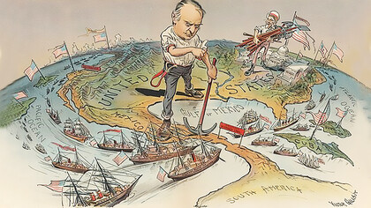A satirical political cartoon reflecting America's imperial ambitions following quick and total victory in the Spanish American War of 1898