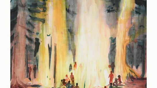 Jules de Balincourt, Firepeople, 2013, Oil on panel, 167.6 x 193 x 6.3 cm, 66 x 76 x 2 1/2 in, Courtesy the Artist and Victoria Miro, London, © Jules de Balincourt