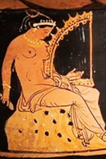 A Greek harpist playing an angular harp, depicted on a red-figure krater, painted by an artist from the School of the Cassandra Painter 4th century B.C.