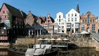 Lüneburg’s harbor on the Ilmenau River showcases stunning medieval architecture in Lower Saxony, Germany