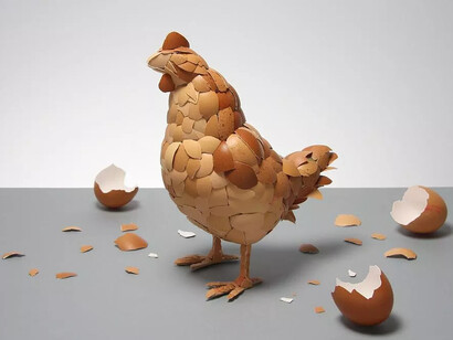 Explorando luz e sombra, Kyle Bean cria obras tridimensionais que combinam design, criatividade e precisão. Escultura de frango feita com casca de ovo por Kyle Bean