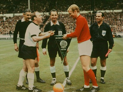 West Germany captain Uwe Seeler and England skipper Bobby Moore before kick-off in the 1966 World Cup final at Wembley
