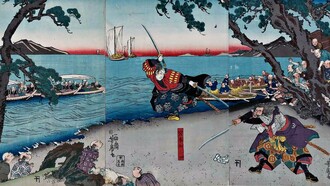 Il famoso duello tra il maestro di spada Miyamoto Musashi (a sinistra) e Sasaki Kojiro (Ganryu) sull'isola di Ganryu-jima, Yoshifusa Utagawa (1840-1860)