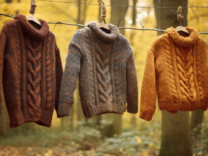 Cozy woolen sweaters draped over tree branches, embracing the warmth of autumn