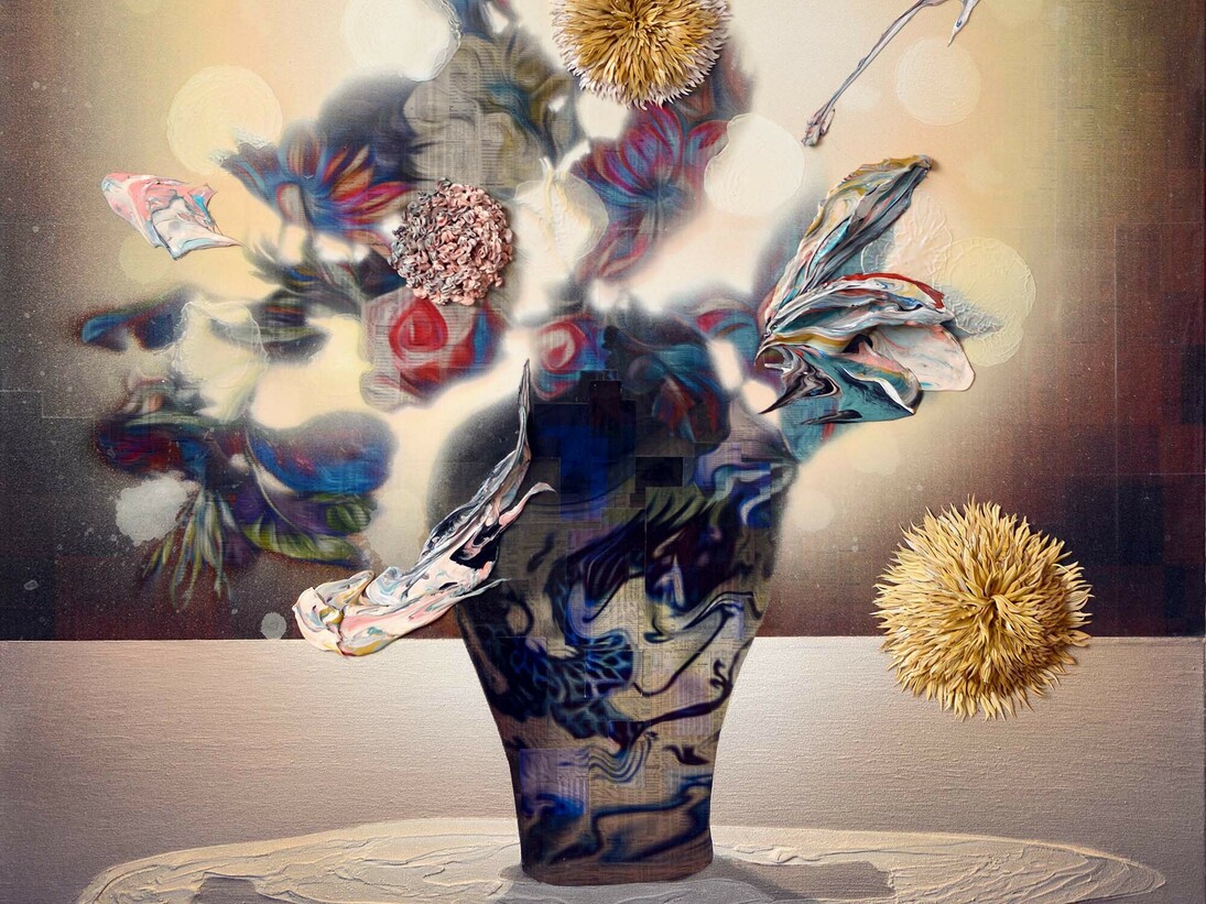 Gordon Cheung, 100 Suns (detail), 2015, Signed, titled, dated verso, Financial newspaper, pumice, acrylic on canvas and polycarbonate, 200 x 150 cm, courtesy Edel Assanti, copyright Gordon Cheung
