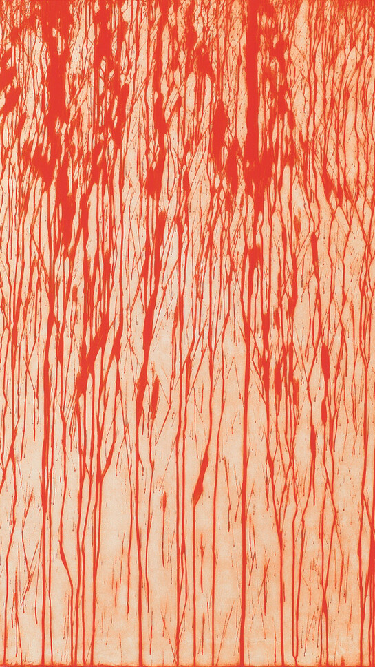 Richard Long, Sweet Old World, 2014, A single panel carborundum relief printed in Vermilion/Ruby Madder/Primrose ink mix on Hahnemühle Etching White 350 gsm paper, 194 x 121.5 cm, Edition of 3, Courtesy Richard Long and Alan Cristea Gallery, London

