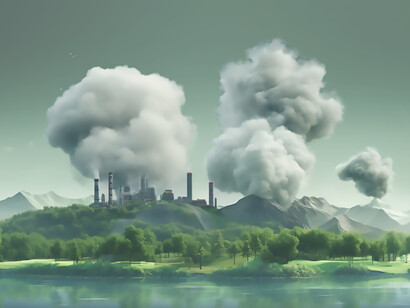 A depiction of a factory generating CO2 emissions set against a vibrant green environment