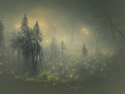A forest glows with the lights of the fireflies
