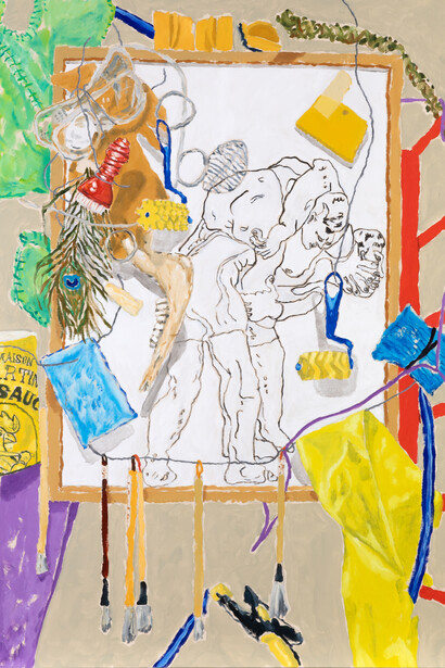 Léonard Martin, Quodlibet III (detail), 2023. Oil and acrylic on canvas, 146 × 114 cm, 57 1/2 × 45 in. © Courtesy Templon, Paris