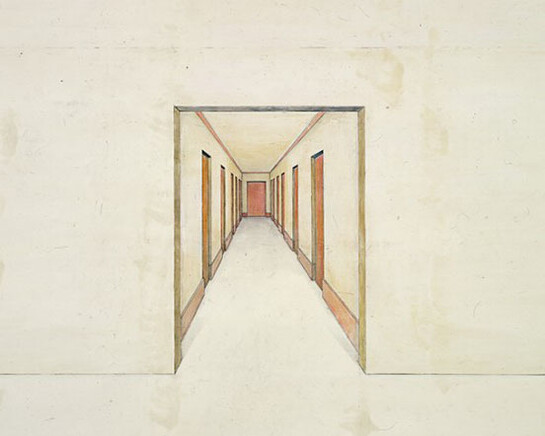 Toba Khedoori, Untitled (hallway), 1997, detail, Oil and wax on paper, 138 × 240 in.
Los Angeles County Museum of Art, purchased with funds provided by Robert H. Halff (AC1997.101.1a–b), © Toba Khedoori, photo © Douglas M. Parker Studio, courtesy Regen Projects, Los Angeles and David Zwirner, New York/London