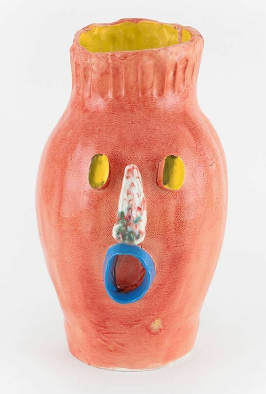Dan McCarthy, Untitled Ceramic Facepot #35, 2013, Low fire clay and crystal glaze with enamel paint, 17 1/2 x 10 inches. Courtesy Anton Kern Gallery, New York