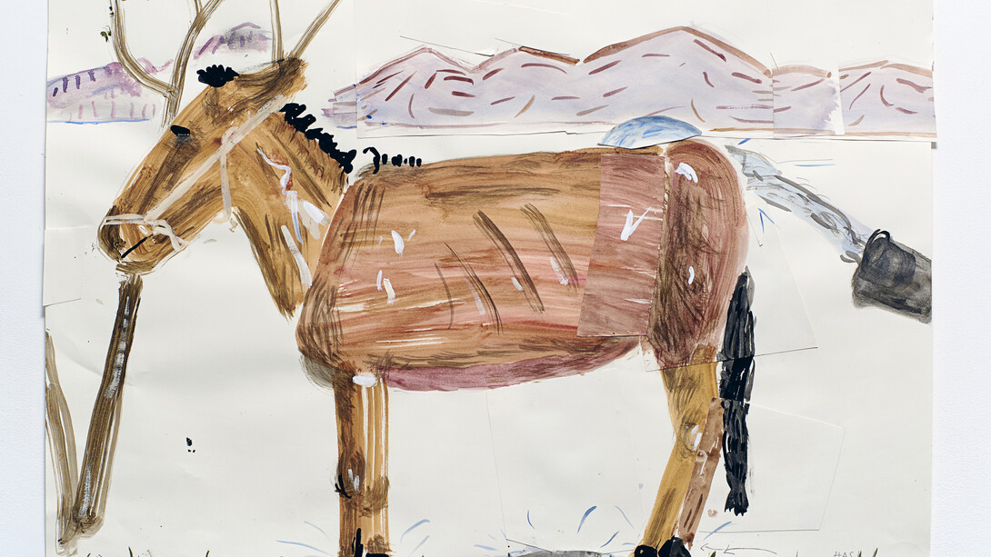 Rose Wylie, Afghan Horse Being Washed, 2014, Watercolor, pencil and collage on paper, 23.5 x 33.25 in (59.7 x 84.5 cm). Courtesy of the Artist and Thomas Erben Gallery, New York