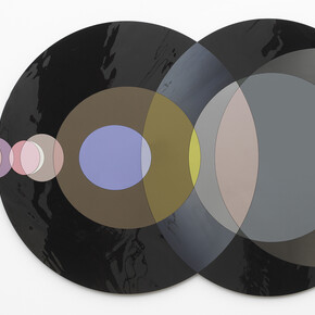 Olafur Eliasson, The speed of your attention, 2018, Silvered colored glass (shades of pink, purple, olive, yellow and grey), glass mirror, aluminum 45 1/4 x 86 5/8 x 1 3/8 inches; 115 x 220 x 3.5 cm. Courtesy the artist and Tanya Bonakdar Gallery, New York / Los Angeles