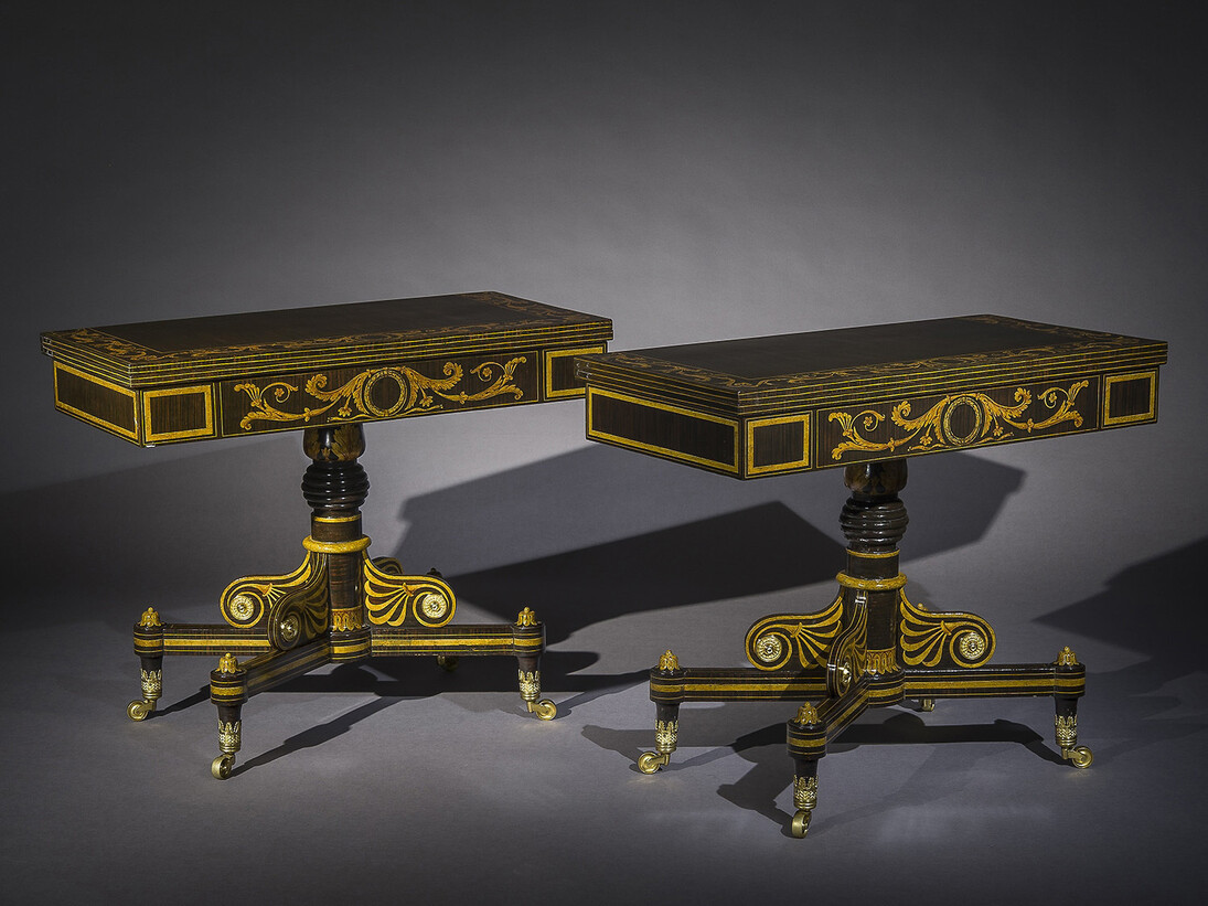 Pair Card Tables in the Neo-Classical Taste, about 1825, Attributed to John (1777–1851) and Hugh (1781–1830) Finlay, Baltimore, Maryland (active about 1800/01–30), Mahogany, maple, pine, and poplar, painted and paint-grained rosewood, and gilded, with gilt-brass toe caps and castors and die-stamped rosettes, and red velvet in the wells, 28 7/8 in. high, 35 7/8 in. wide, and 17 3/4 in. deep; open: 35 9/16 x 35 7/8 in. Photo credit: Eric W. Baumgartner