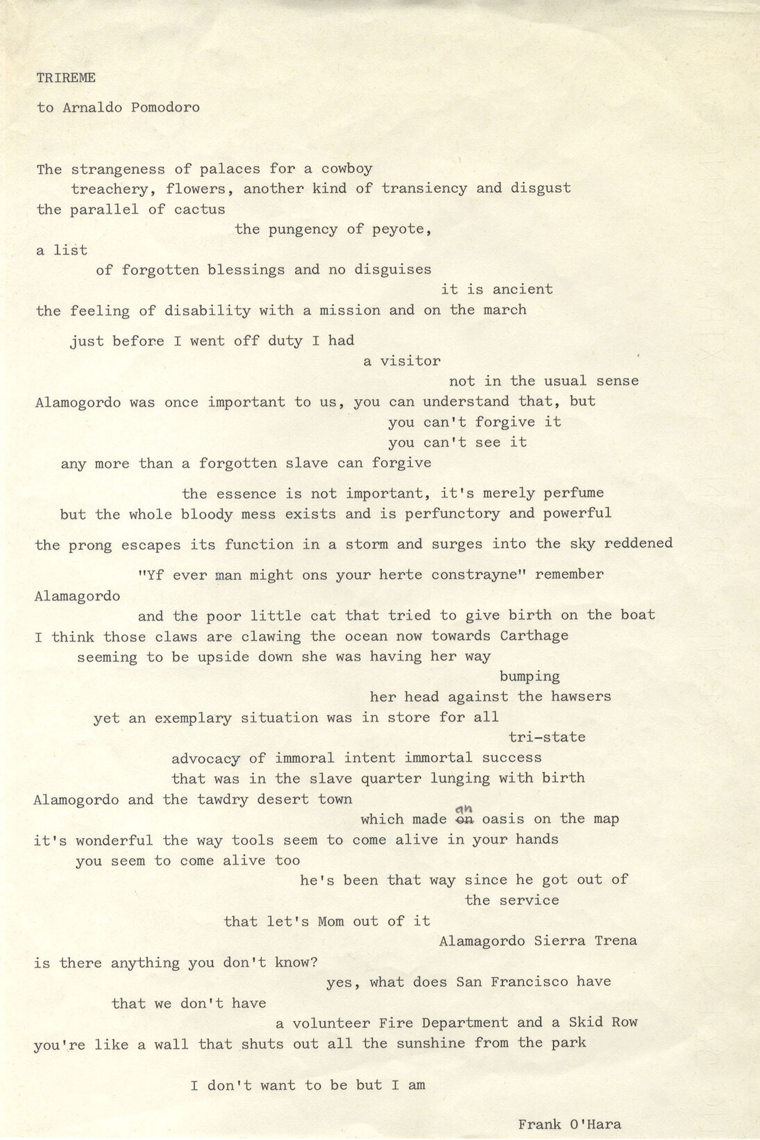 Dattiloscritto originale della poesia Trirème, composta da Frank O’Hara per Arnaldo Pomodoro e pubblicata nel catalogo della mostra alla Marlborough-Gerson Gallery di New York, 1965. Courtesy of MAC