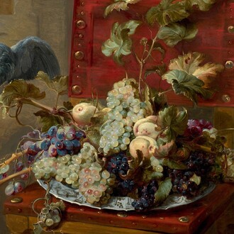 Frans Snyders, Fruit plate on a chair surrounded by a parrot, a monkey, and a dog. Courtoisie de Artcurial