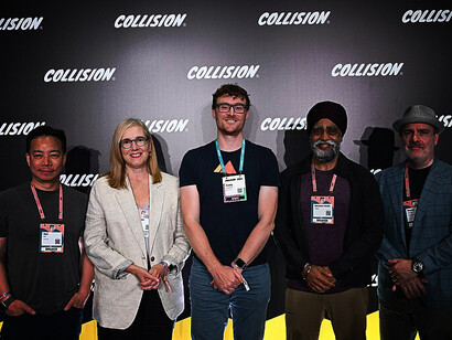 18 June 2024; Speakers, from left, Ken Sim, Mayor, Vancouver; Brenda Bailey Minister of Jobs, Economic Development and Innovation, Vancouver; Paddy Cosgrave, CEO & Founder, Web Summit; Harjit Sajjan Pacific Economic Development Agency, Canada; and Royce Chwin, President and CEO, Destination Vancouver; on day one of Collision 2024 at the Enercare Centre in Toronto, Canada