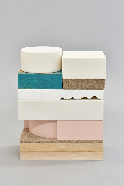 Mie Kongo, “Unknown game series, Untitled”, 2017,Porcelain, wool felt, Red foam, acrylic paint, wood, 21”x8”x4. 
 
