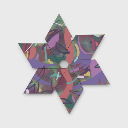 Debbi Kenote, Iodes, 2024.
Acrylic and dye on canvas, hinges,
35 x 39 1/2 inches (88.9 x 100.3 cm). Courtesy the artist and Cristin Tierney Gallery, New York