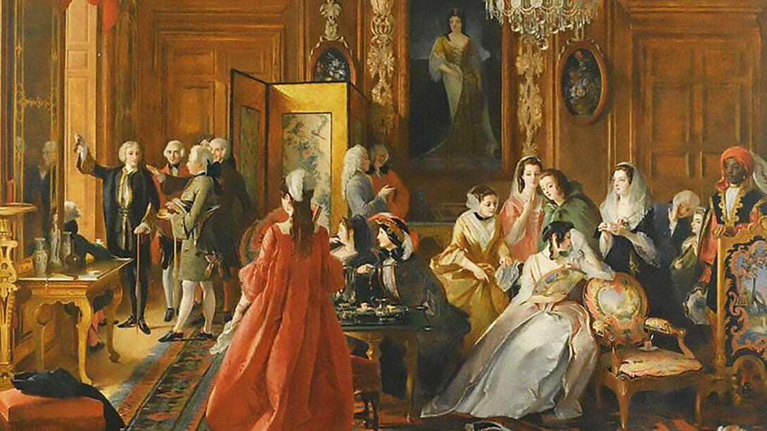 'Sir Plume demands the restoration of the lock,' an oil painting by Charles Robert Leslie, inspired by Alexander Pope's 'The Rape of the Lock,' exhibited in 1854