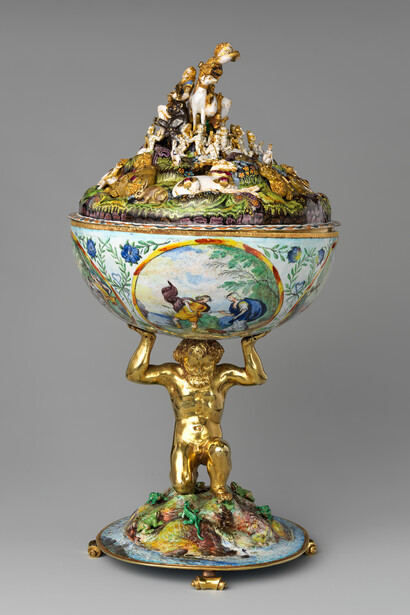Jewel animals, amorini, and figurines of the lid attributed to Jan Vermeyen, the Orpheus cup, 1641–42, the jeweled elements on the lid in the form of animals, amorini holding bow and quiver, and the statuettes of Orpheus and Diana, Prague, ca.1600. Curtesy of the Metropolitan Museum of Art