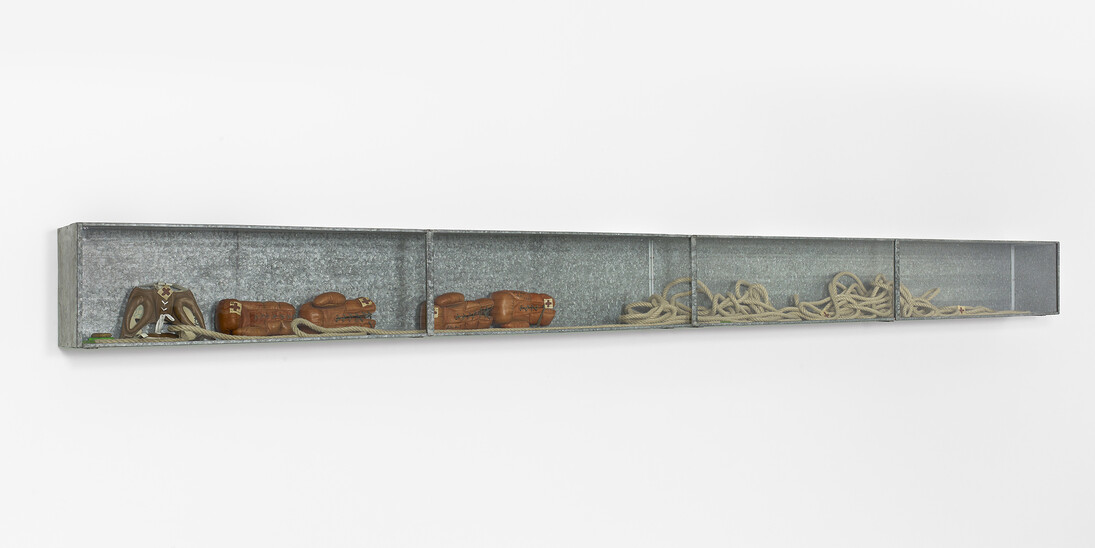 Joseph Beuys, Boxkampf für die direkte, Demokratie, 1972, Mixed media in tin and glass vitrine, 40 x 515 x 30.5 cm. Courtesy of Waddington Custot
 