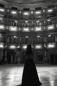 A woman in a round hall, reminding how acoustics and design work in harmony