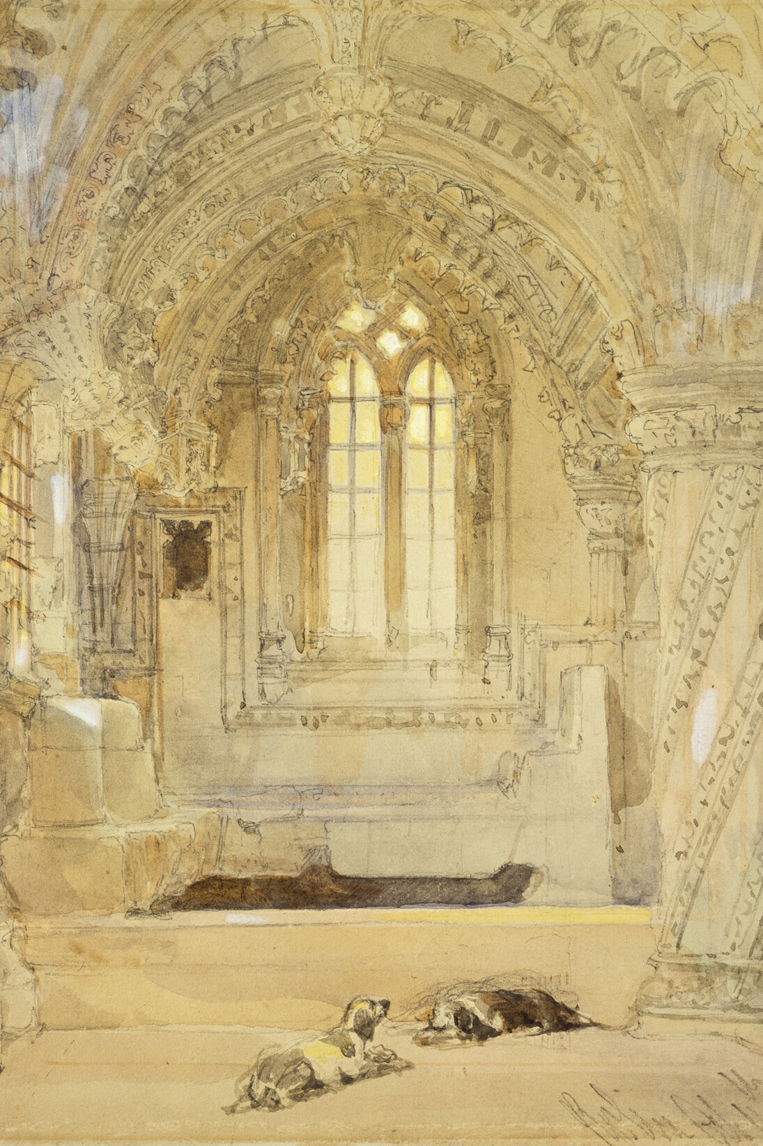 David Roberts, The Interior of Rosslyn Chapel 1842, Pencil and watercolour with yellow and blue-white heightening on light brown paper, 25.50 x 35.10 cm, Scottish National Gallery collection
