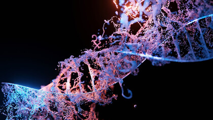 A close-up view of a DNA structure, intricately weaving shades of blue and purple