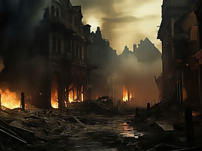 A haunting war zone scene unfolds, characterized by urban devastation, beleaguered civilians, and the ominous glow of fires