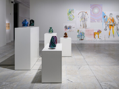 Exhibition view Experiences of oil at Stavanger Art Museum. Artworks from left to right: Monira Al Qadiri, OR-BIT 1-6 (2016-18); Brynhild Grødeland Winther, Drawings on paper. Photo: Markus Johansson