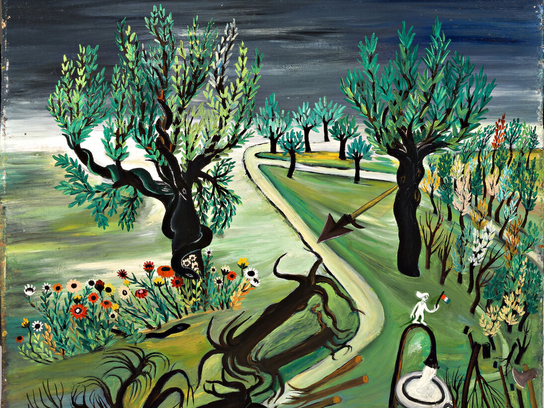 Bruno Rovesti, Paesaggio africano, 1955, olio su faesite, cm 54 x 54. Courtesy of Museo Antonio Ligabue