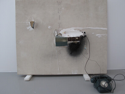 John Latham, Nineteen sixty-four, 1987, Books, electric cable, wires, plaster and pigment on canvas, 122 x 102 x 27 cm. © John Latham; Courtesy, the Artist & Lisson Gallery
